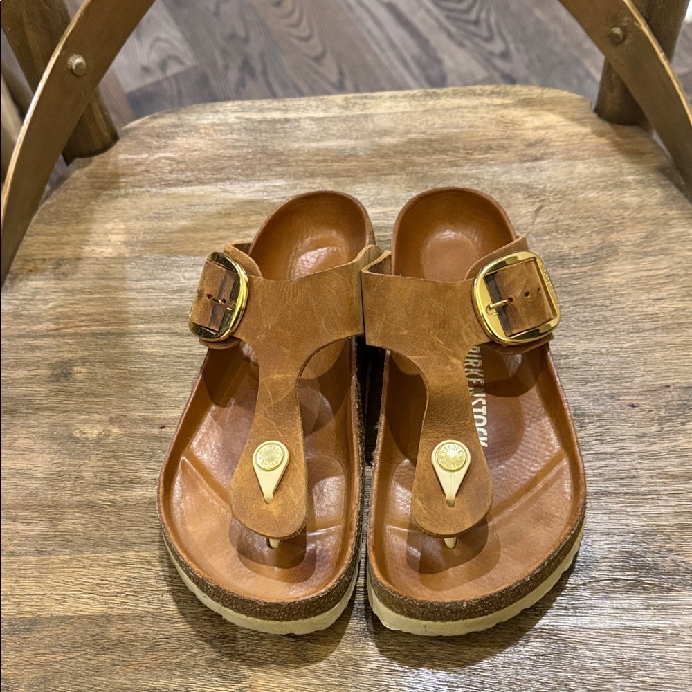 Birkenstock Tan Sandals with Gold Buckle